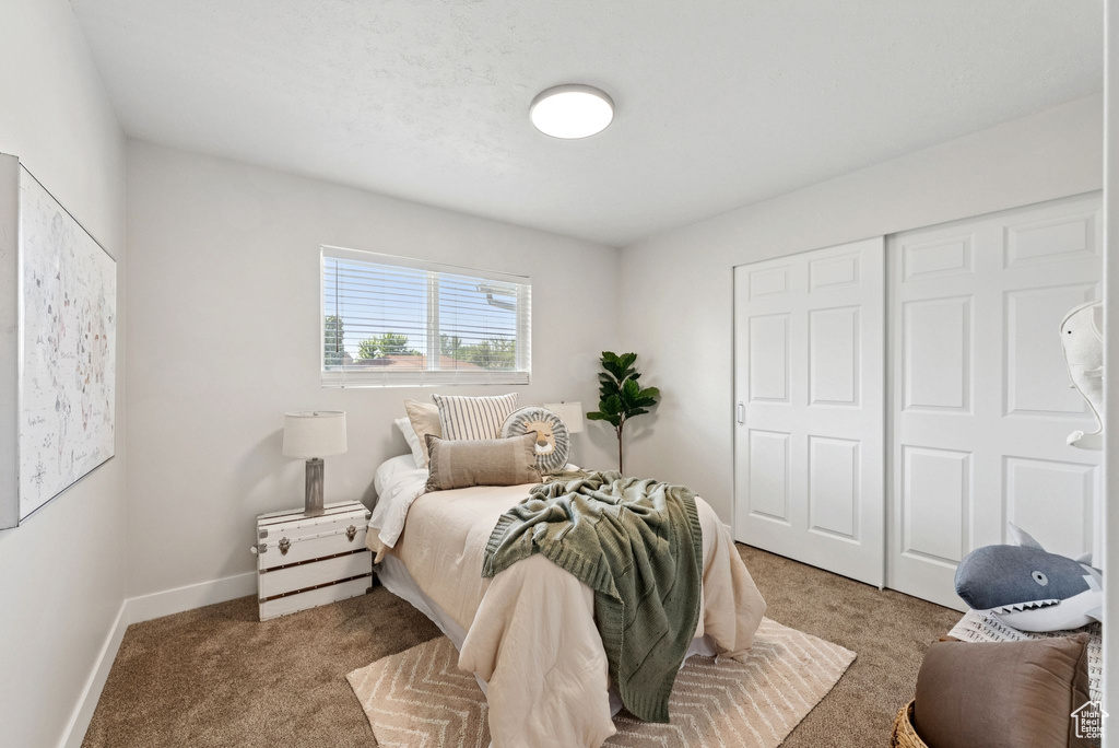 Carpeted bedroom with baseboards and a closet