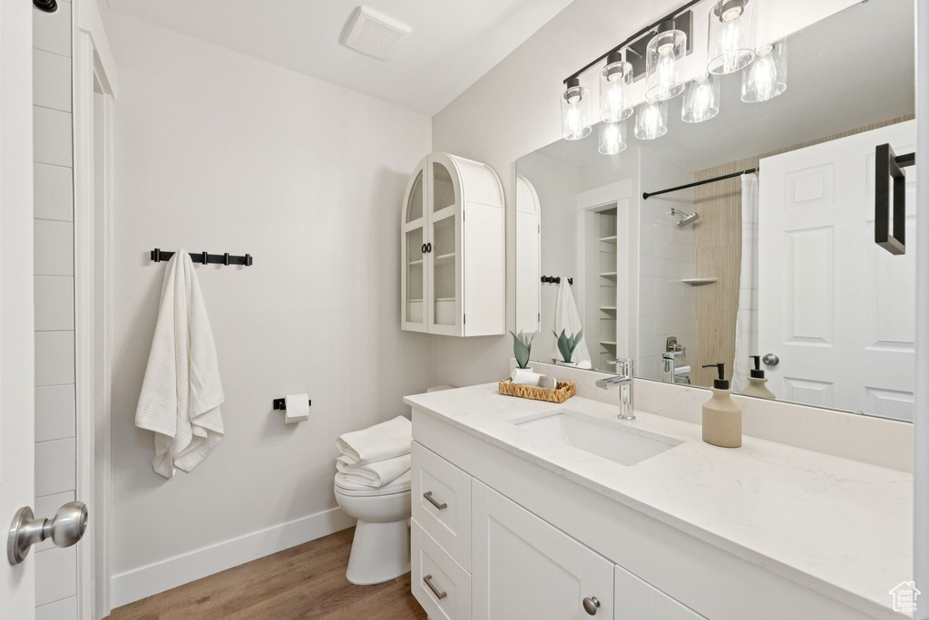 Full bathroom featuring vanity, a shower, and wood finished floors