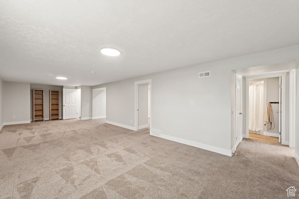 Finished basement featuring light carpet and a textured ceiling
