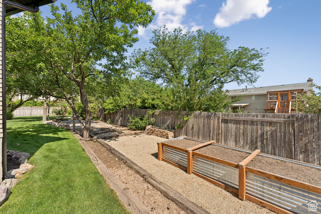 Fenced backyard with a vegetable garden