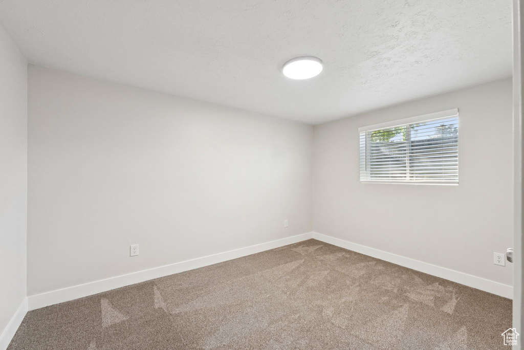 Empty room with carpet and a textured ceiling