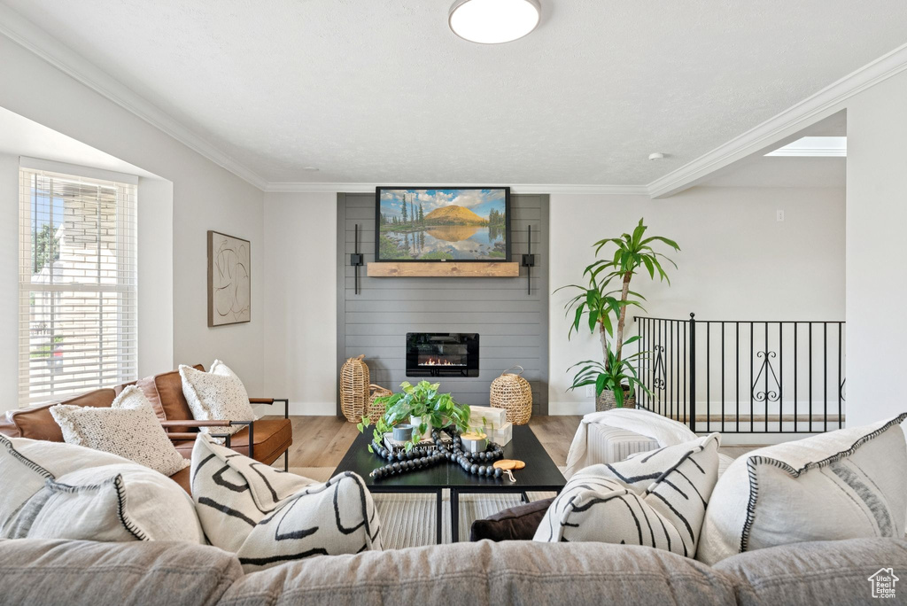 Living room featuring wood finished floors, a large fireplace, and crown molding