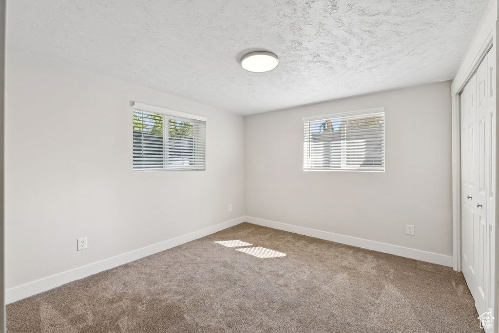 Unfurnished bedroom featuring a closet, carpet floors, multiple windows, and a textured ceiling