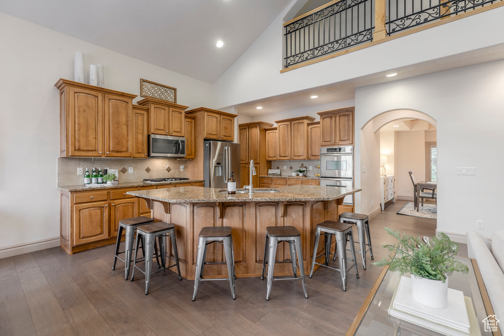 Kitchen with appliances with stainless steel finishes, arched walkways, a large island with sink, high vaulted ceiling, and dark wood-type flooring