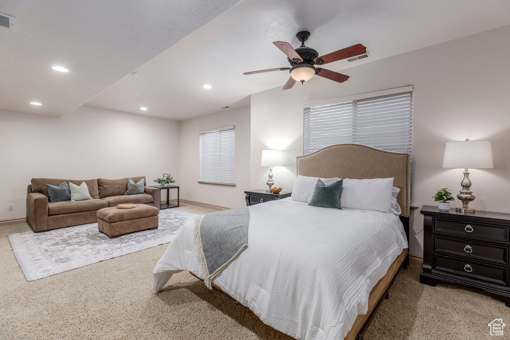 Bedroom featuring carpet floors, recessed lighting, and ceiling fan