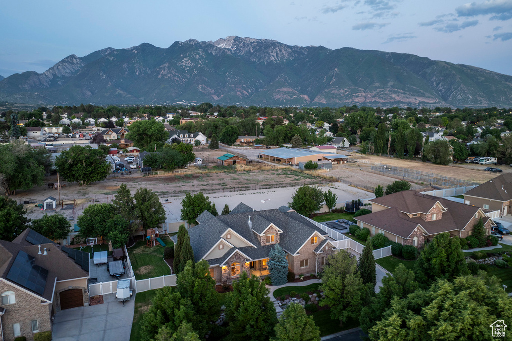 Aerial view of residential area with mountains