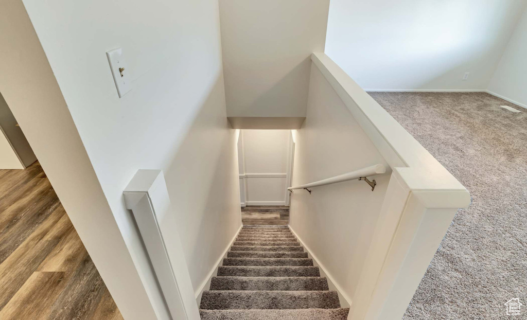Stairs with carpet flooring and baseboards