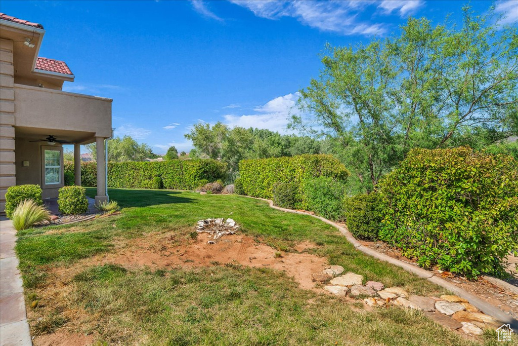 View of green lawn with ceiling fan