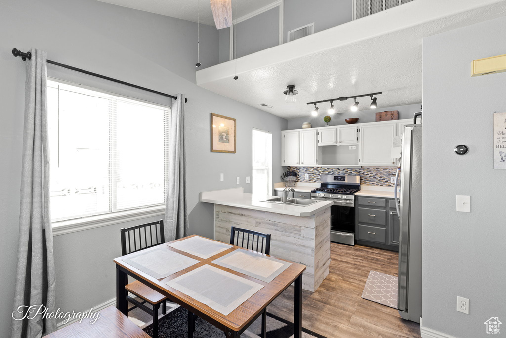 Kitchen with stainless steel appliances, light wood finished floors, a peninsula, tasteful backsplash, and light countertops