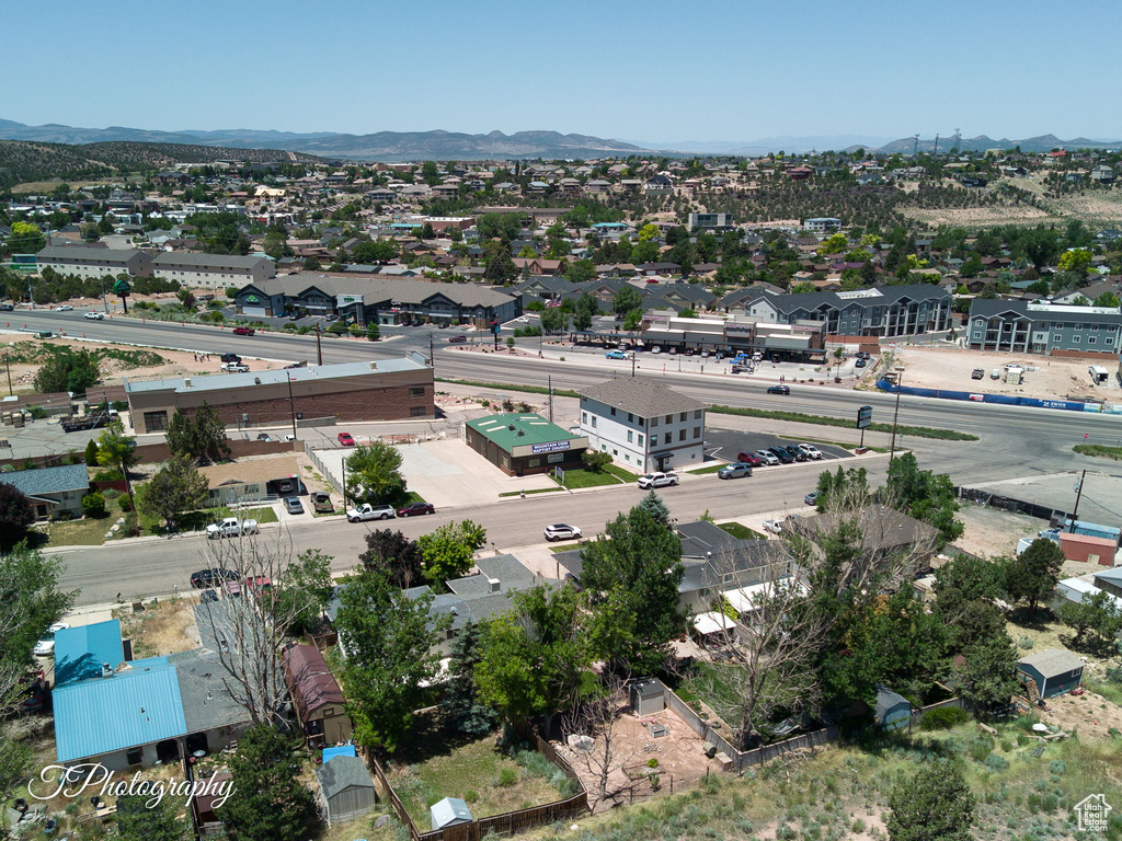 Aerial view of residential area with mountains