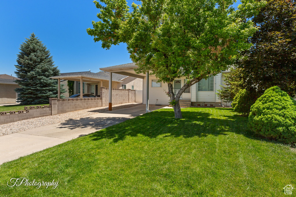 View of front of house featuring concrete driveway and a carport