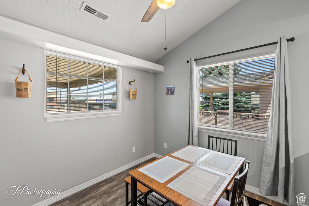 Dining space featuring lofted ceiling, dark wood finished floors, healthy amount of natural light, and a ceiling fan