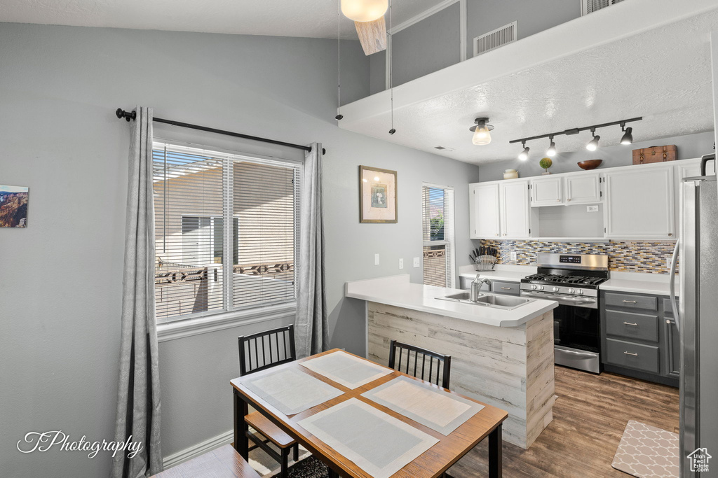 Kitchen featuring stainless steel appliances, a peninsula, decorative backsplash, plenty of natural light, and lofted ceiling