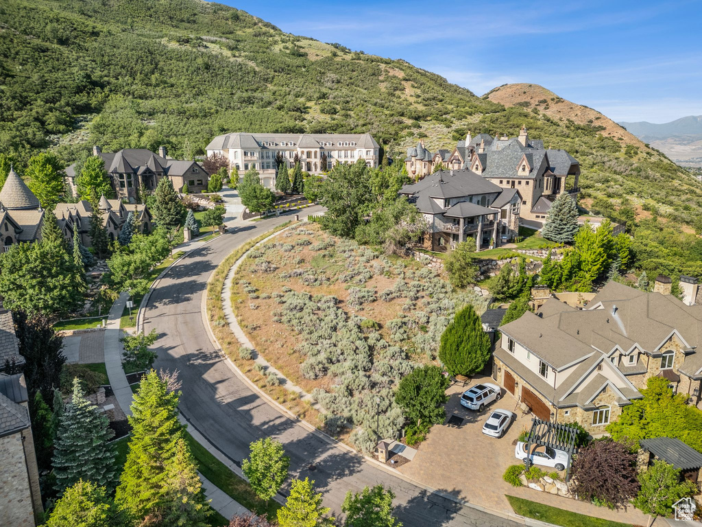 Aerial perspective of suburban area featuring a mountainous background