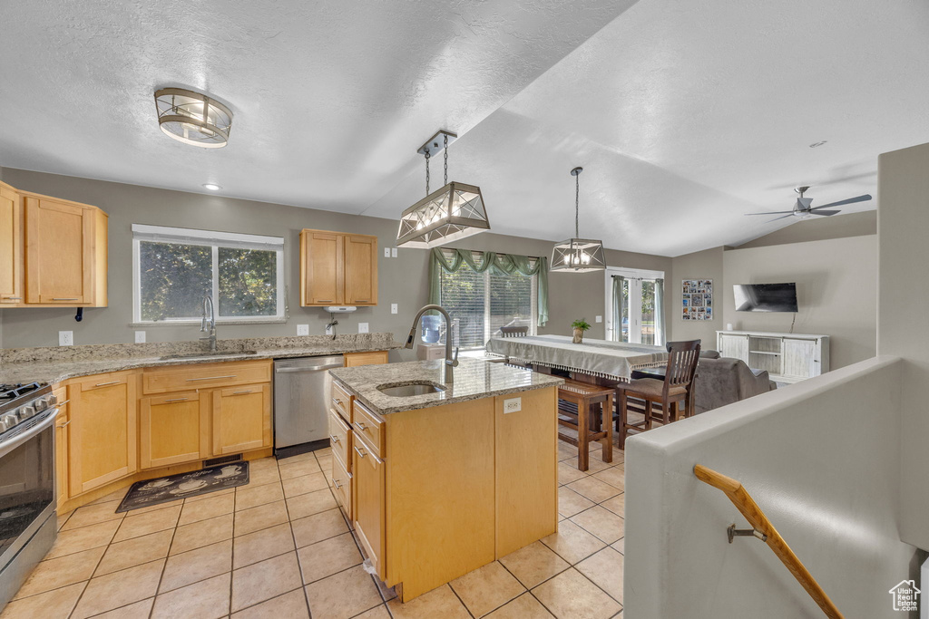 Kitchen with appliances with stainless steel finishes, healthy amount of natural light, light brown cabinetry, light stone countertops, and a textured ceiling