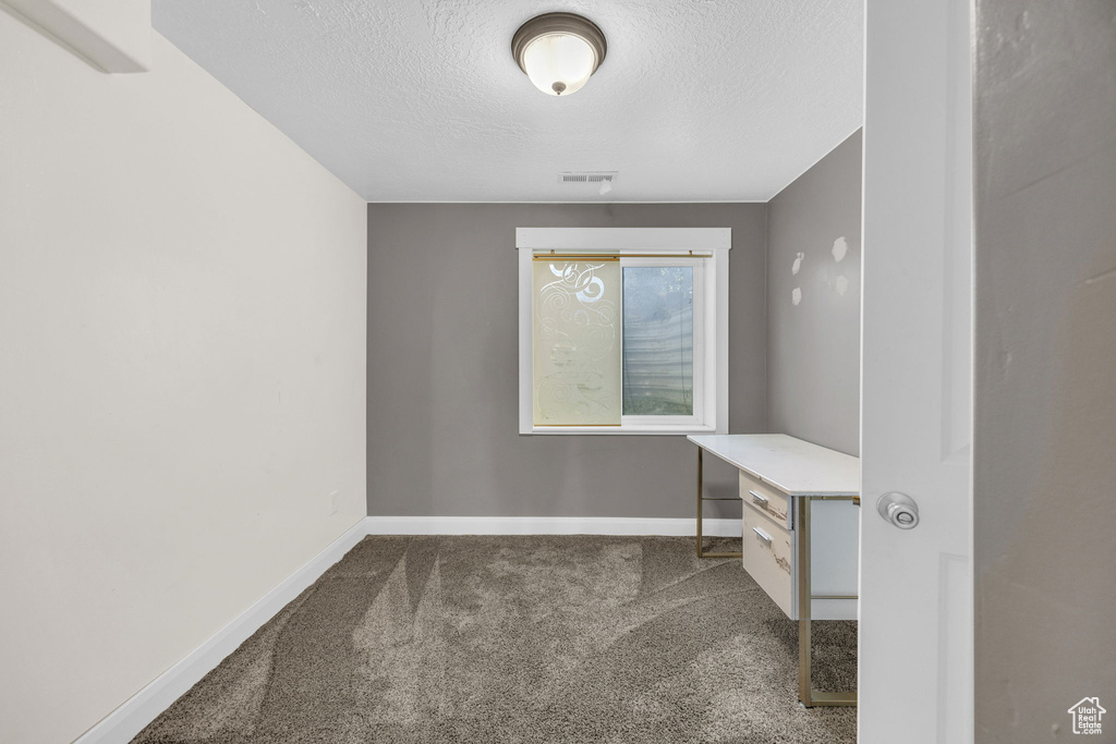 Unfurnished office with carpet flooring and a textured ceiling