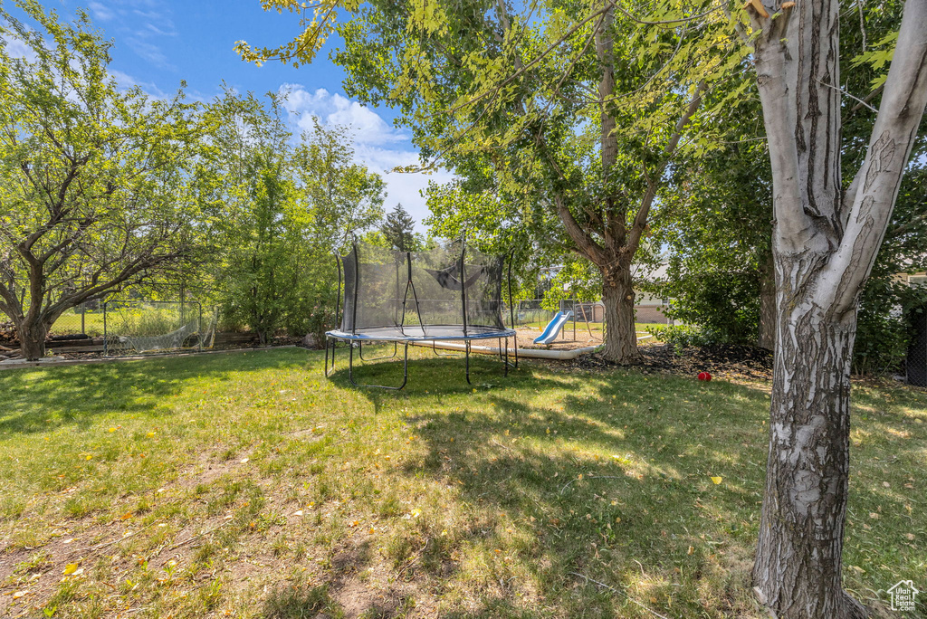 View of yard featuring a trampoline and a playground