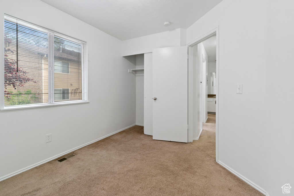 Unfurnished bedroom featuring light carpet, multiple windows, and a closet