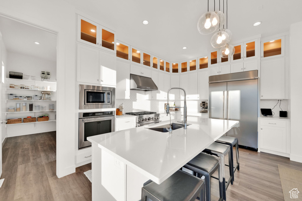Kitchen with built in appliances, under cabinet range hood, decorative backsplash, light wood finished floors, and recessed lighting