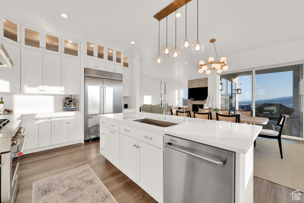 Kitchen with high quality appliances, wood finished floors, glass insert cabinets, light countertops, and recessed lighting