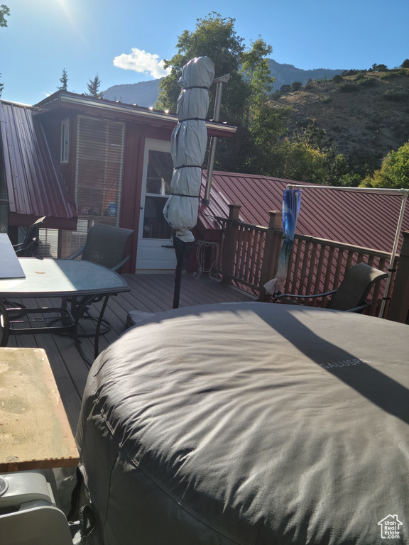 Wooden deck with a mountain view