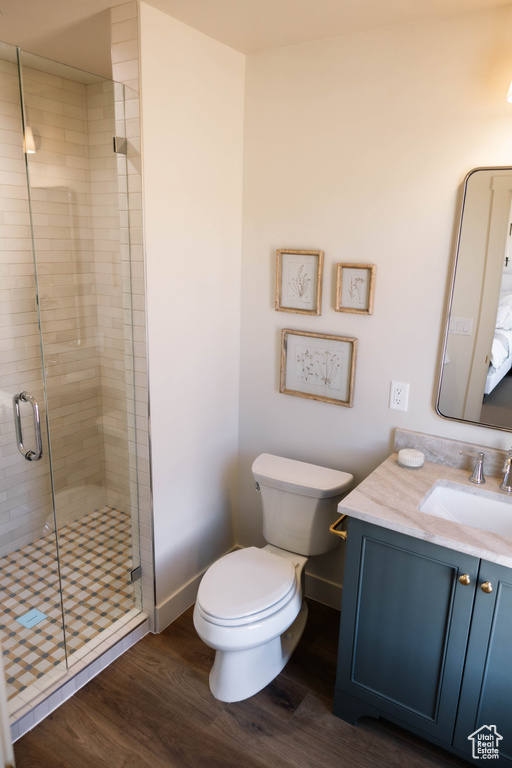 Bathroom featuring a shower stall, wood finished floors, and vanity
