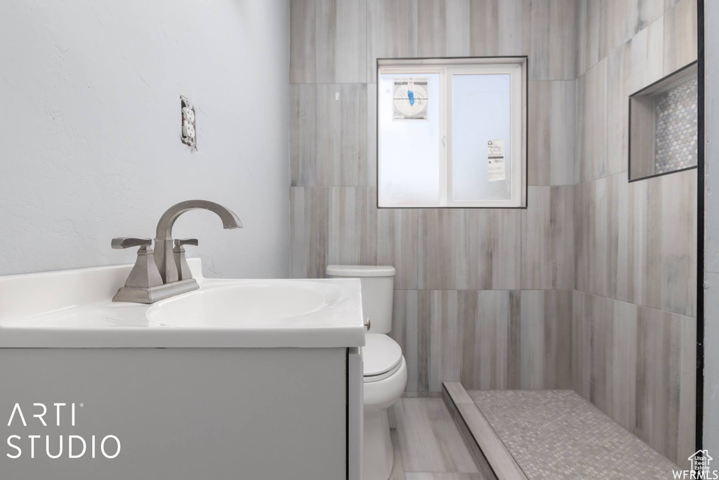 Full bathroom with toilet, vanity, and tiled shower