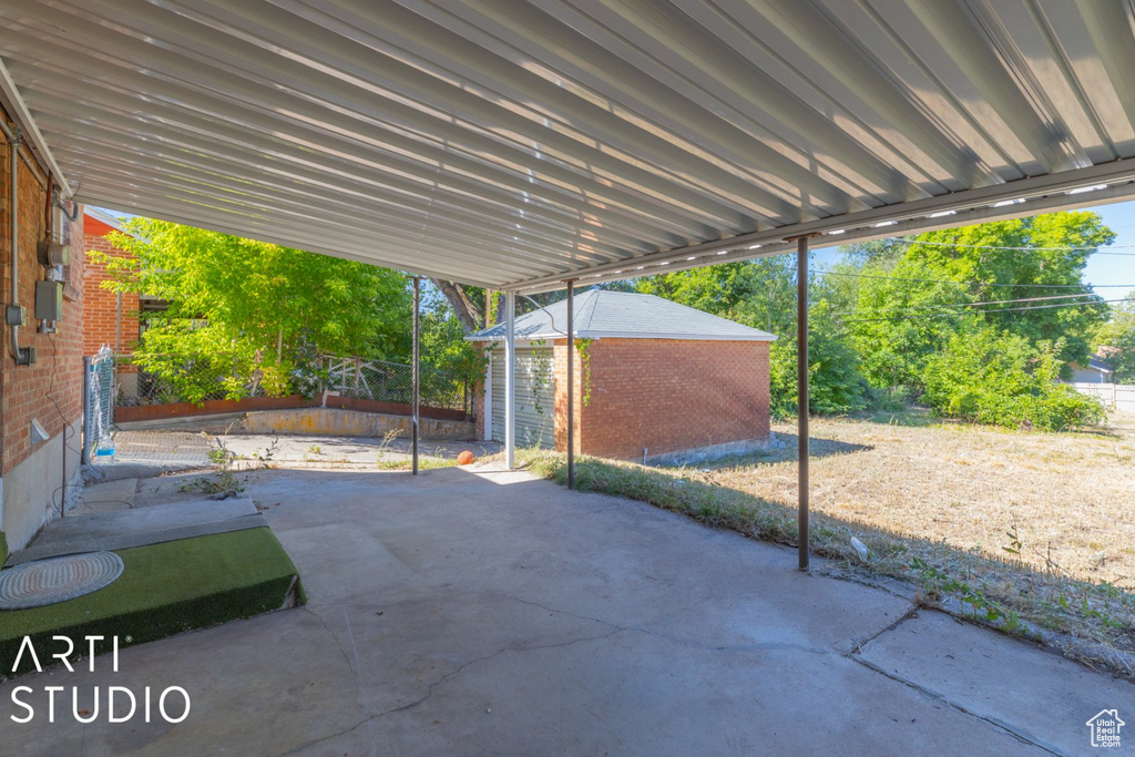 View of patio / terrace featuring an outdoor structure