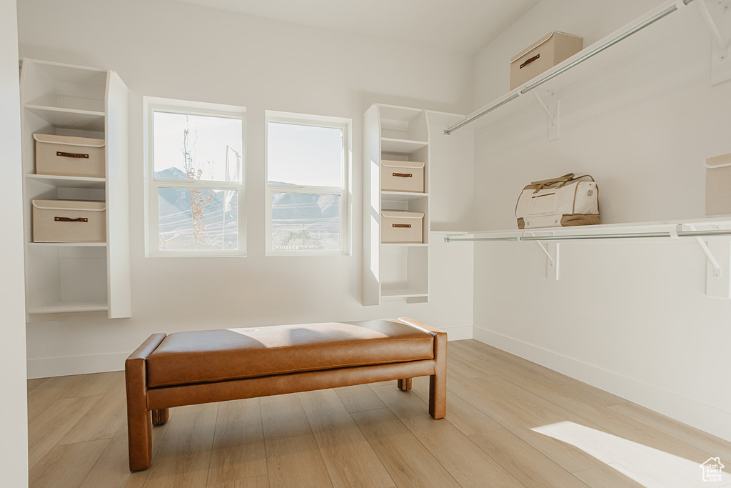 Walk in closet with wood finished floors