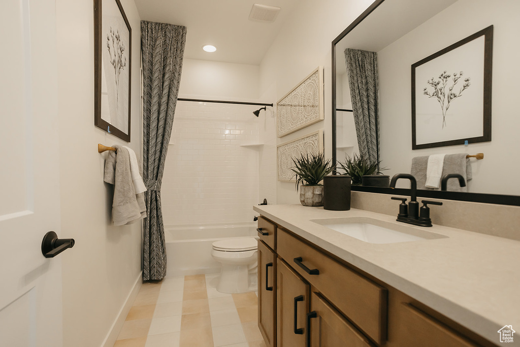 Full bath with vanity, shower / tub combo with curtain, recessed lighting, and tile patterned floors
