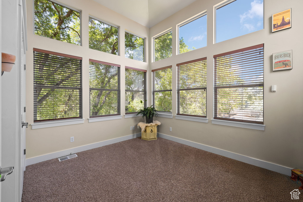Unfurnished sunroom with plenty of natural light, carpet flooring, and a high ceiling