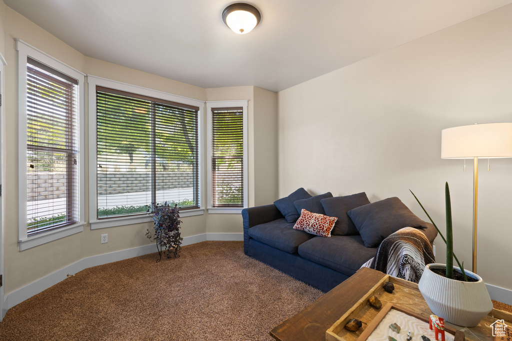 Carpeted living area featuring baseboards