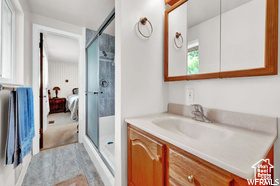 Ensuite bathroom with vanity and a shower stall