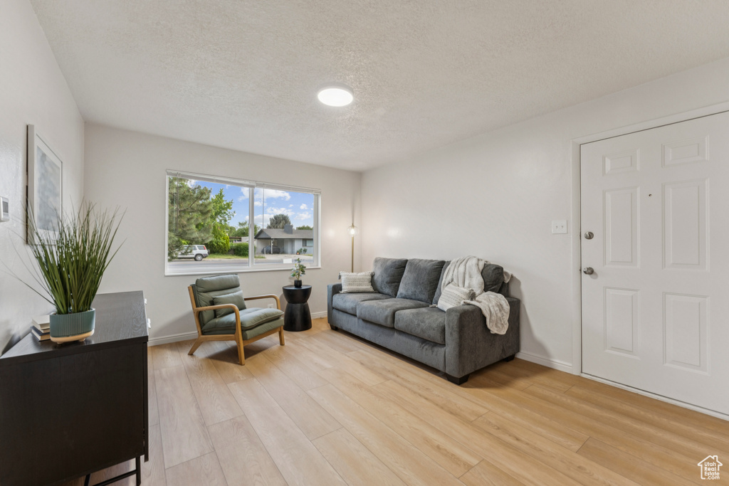 Living area with a textured ceiling and light wood-style floors
