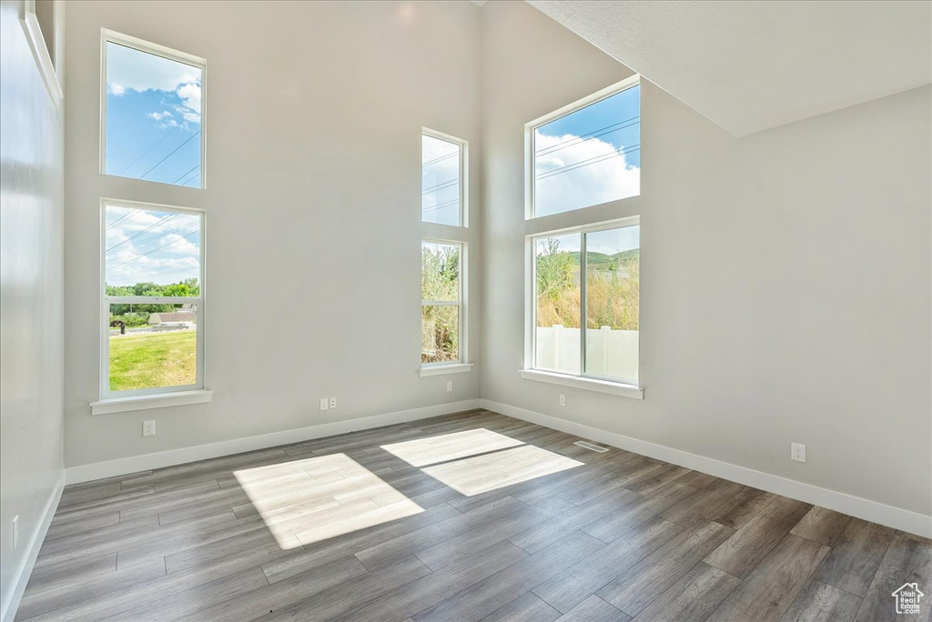 Unfurnished room with plenty of natural light, a towering ceiling, and wood finished floors