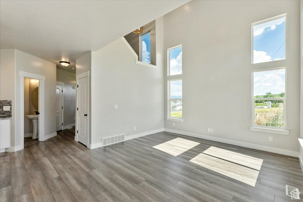 Unfurnished room with wood finished floors, healthy amount of natural light, and a high ceiling
