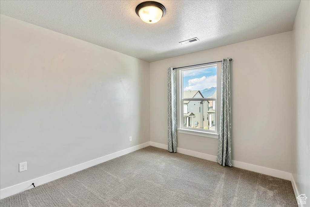 Empty room featuring a textured ceiling and carpet flooring
