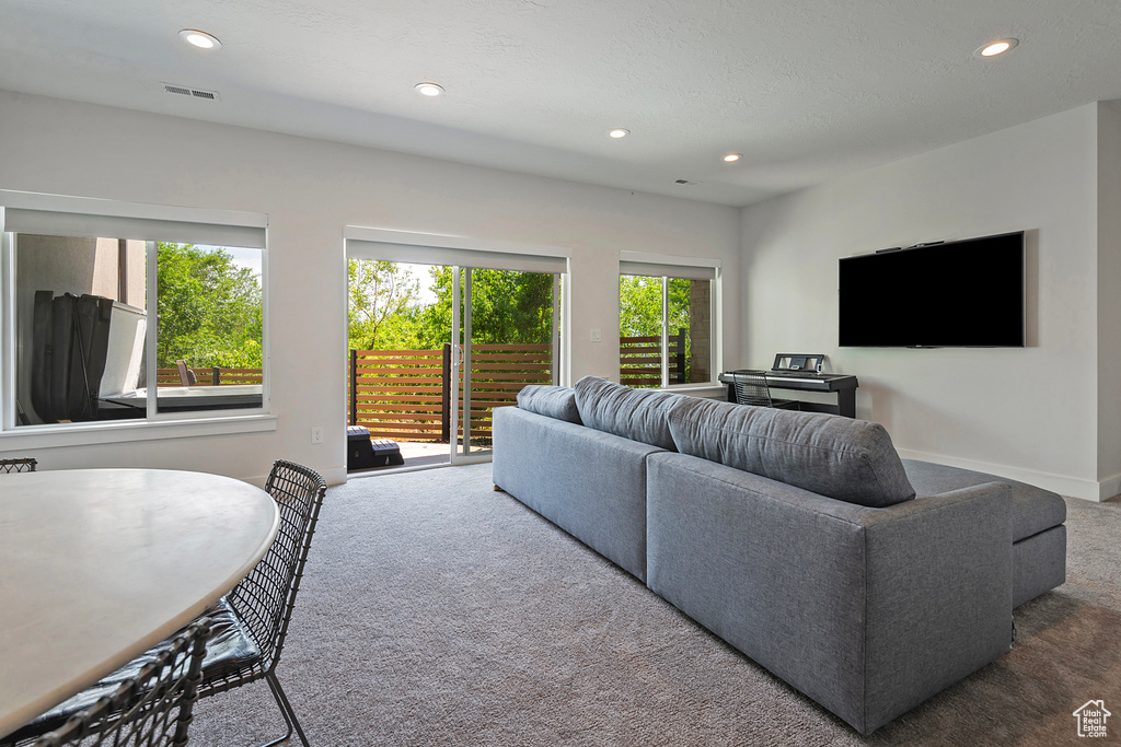 Living area with carpet and recessed lighting