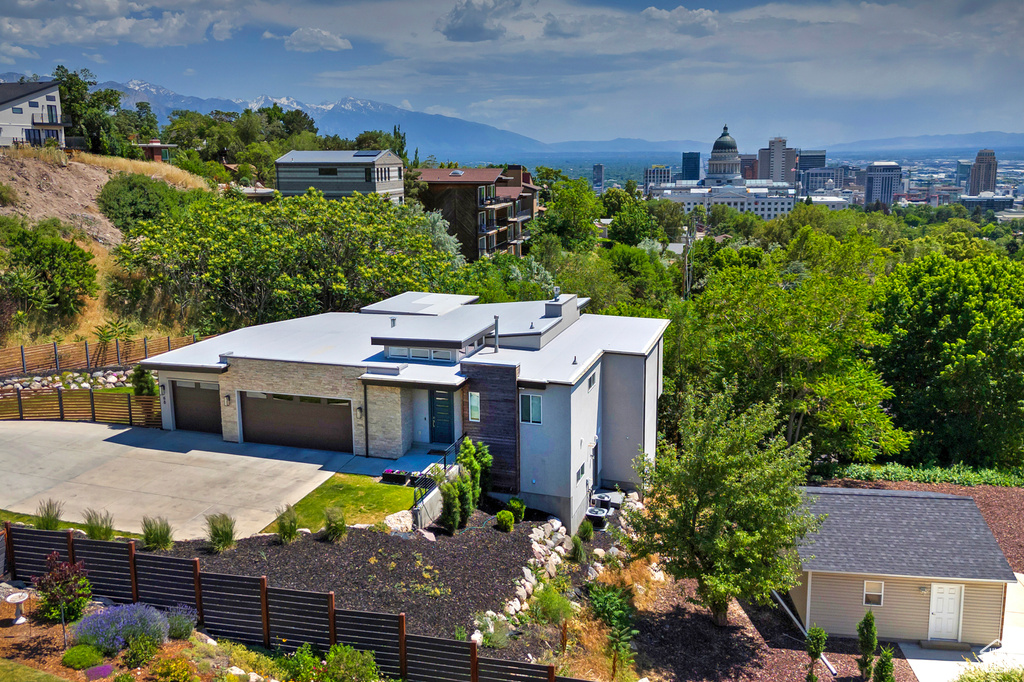 View from above of property featuring a mountain backdrop