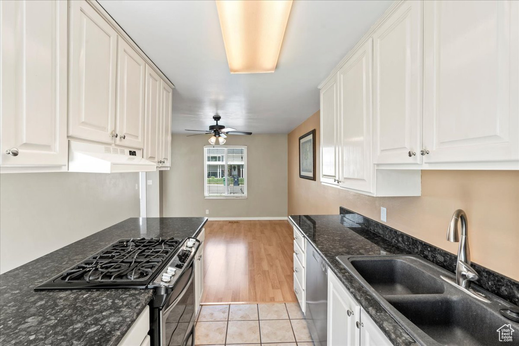 Kitchen featuring stainless steel appliances, under cabinet range hood, white cabinetry, and a ceiling fan