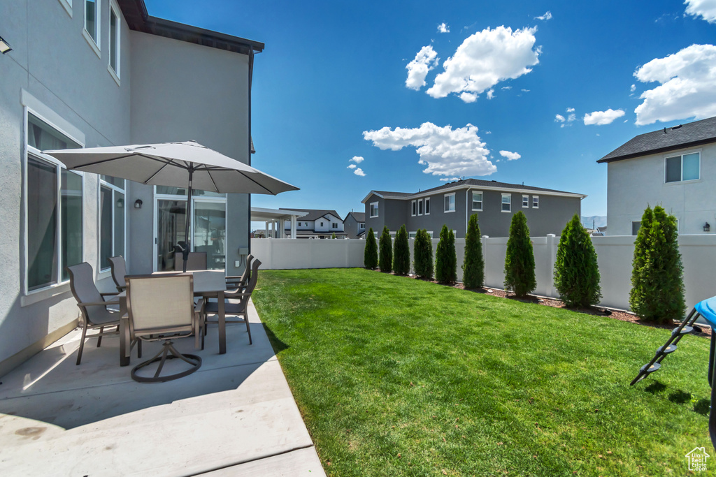 Fenced backyard featuring a patio and a residential view
