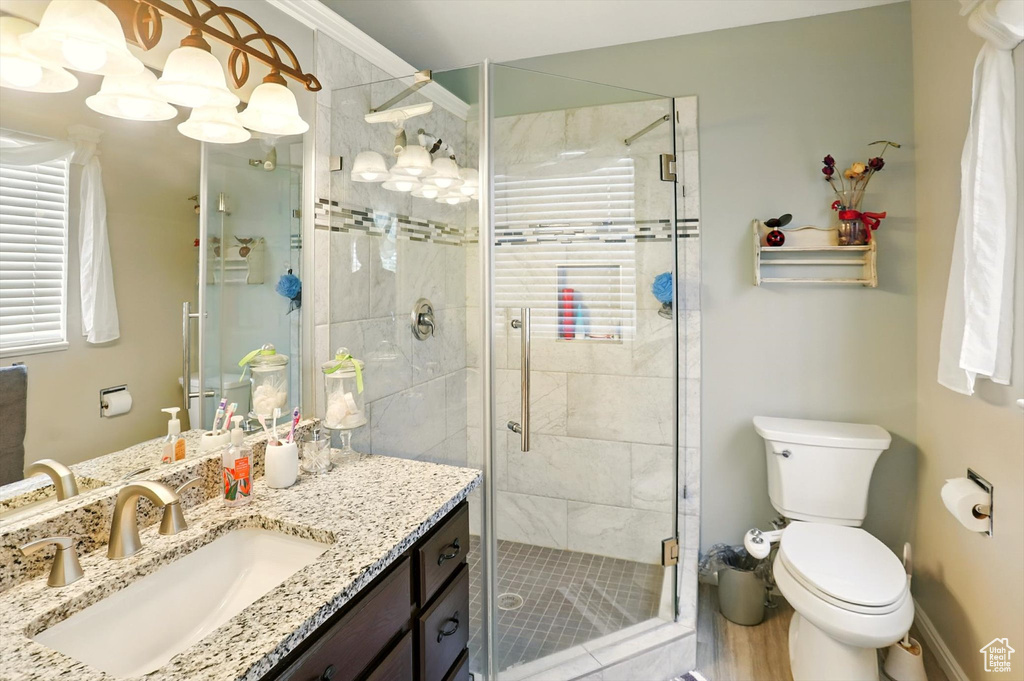 Full bath featuring vanity, a stall shower, and healthy amount of natural light