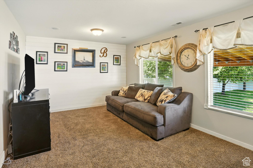 Living room with carpet and wood walls