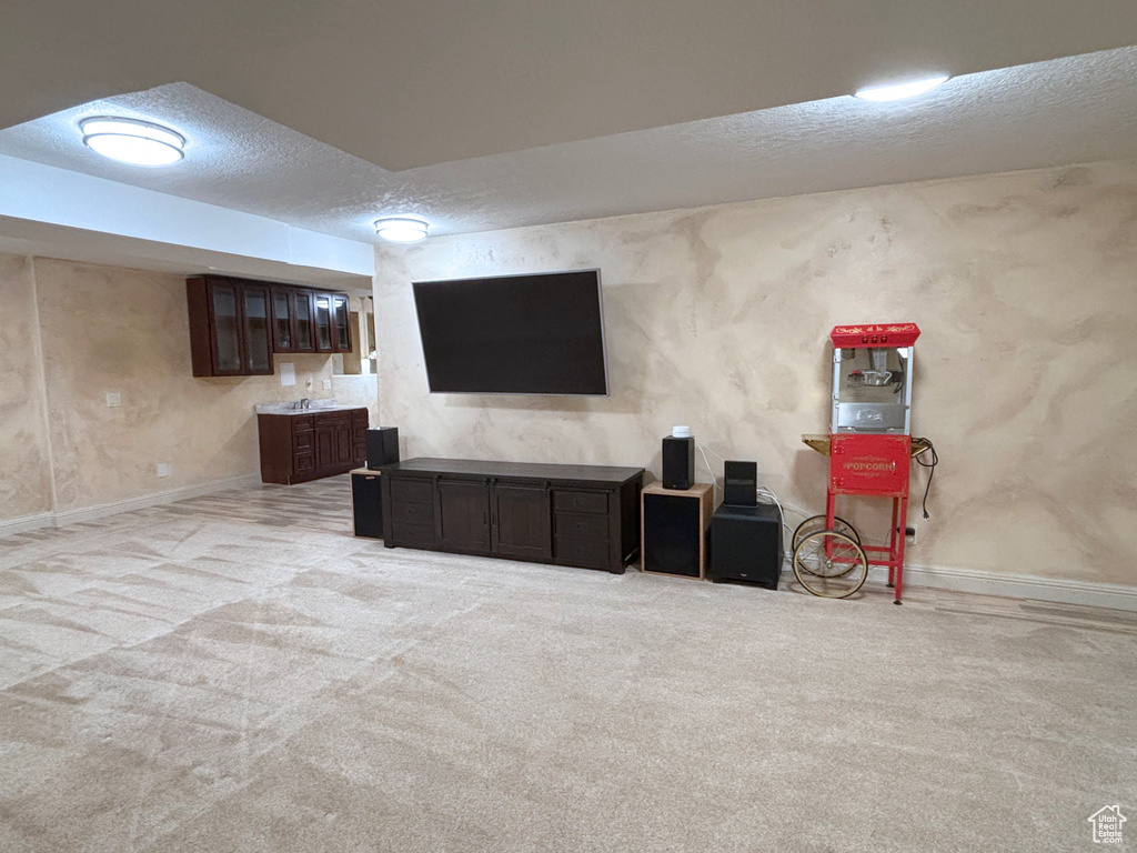Finished below grade area featuring carpet floors and a textured ceiling