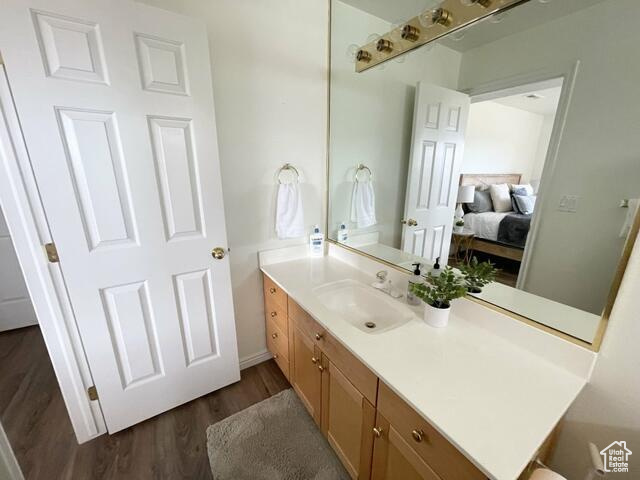 Ensuite bathroom with vanity and wood finished floors