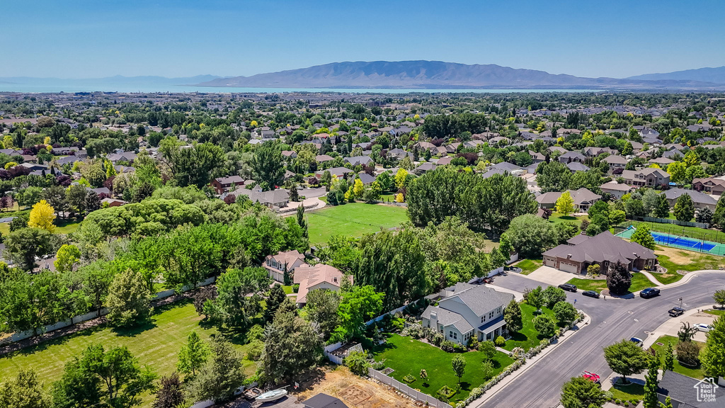 Aerial view of residential area with mountains