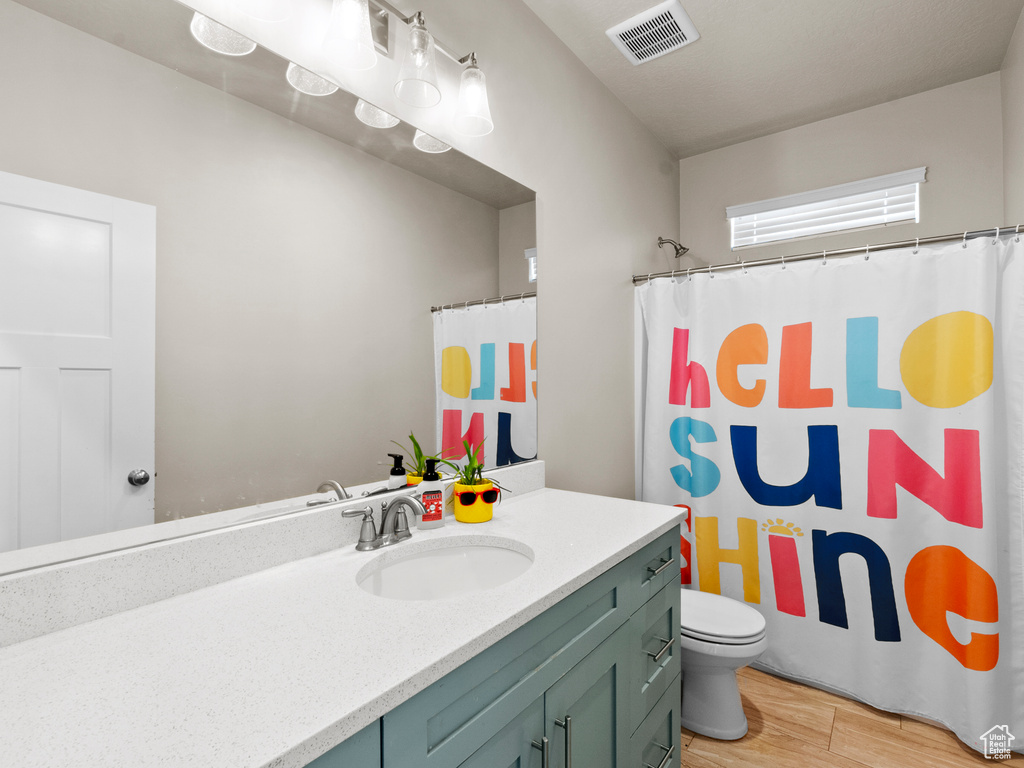 Bathroom with vanity, wood finished floors, and a shower with curtain