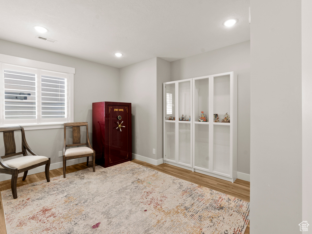 Living area featuring wood finished floors and recessed lighting