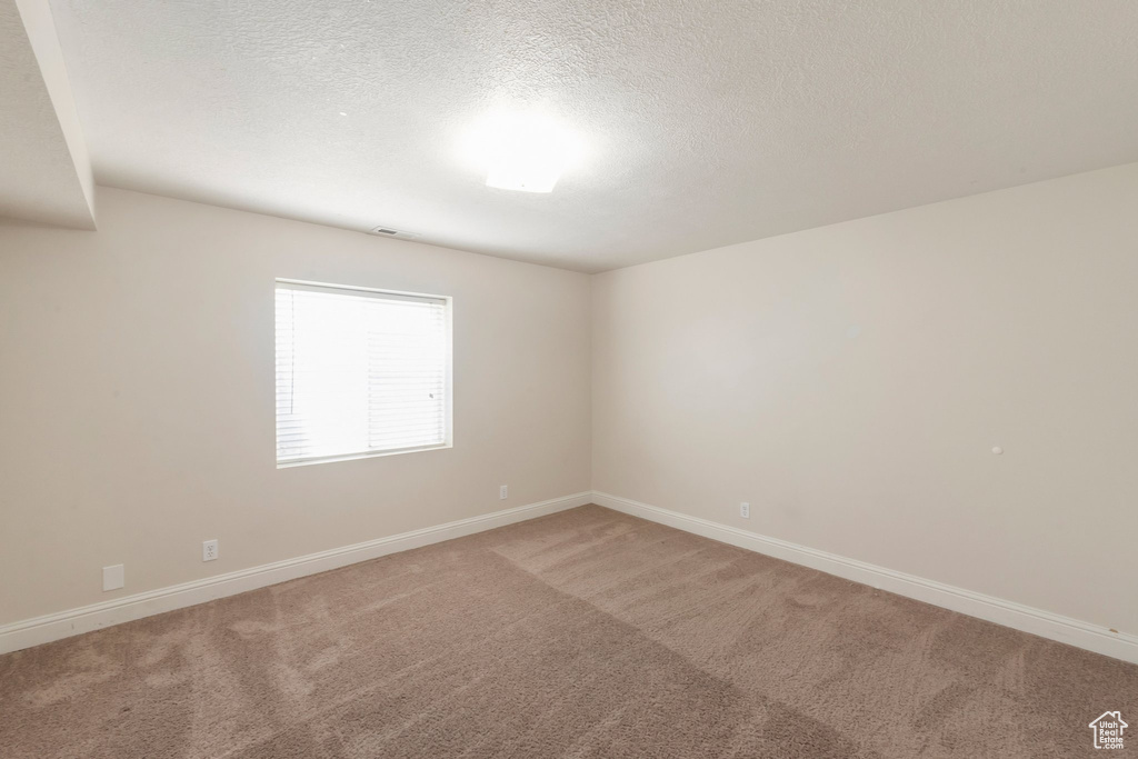 Spare room featuring light colored carpet and a textured ceiling