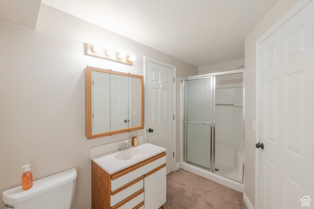 Bathroom featuring vanity, a stall shower, and a textured ceiling